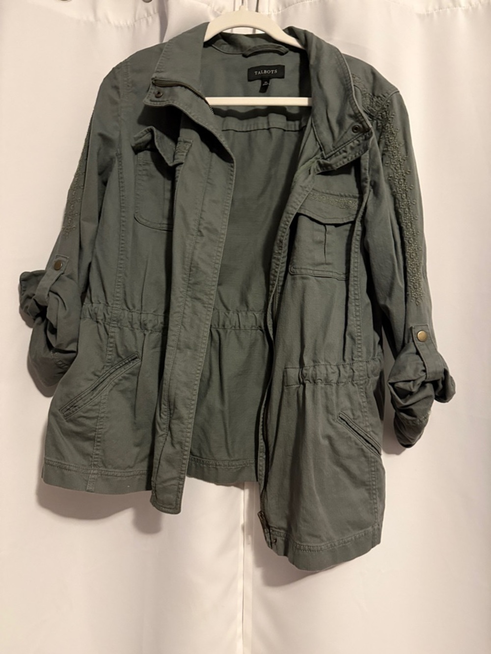 Talbots Olive-Green Utility Jacket with Roll-Tab Sleeves